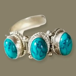 Tribal Boho Southwestern Turquoise Hand Crafted Adjustable Band Silver Tone Ring